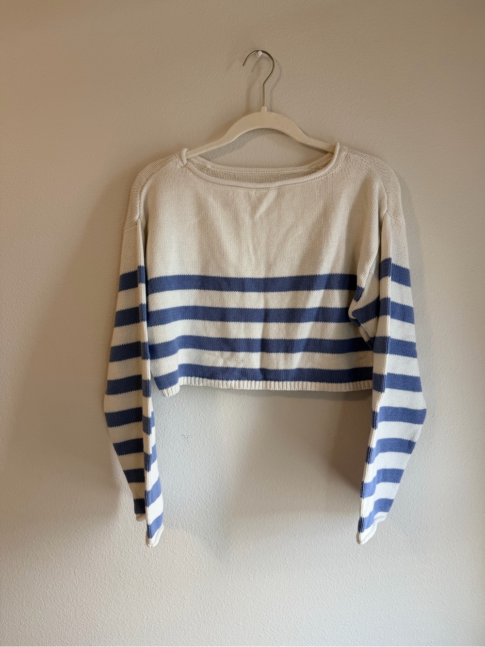 Garage Cropped Boatneck Sweater in Cream and Blue